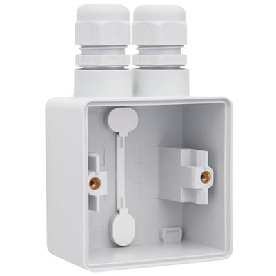 Niko stænktæt underlag til 1 modul i grå plast med 2 M20-indgange og forbundne forskruninger, vist åbent fra siden.