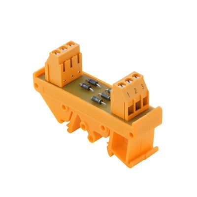 Weidmüller interface-modul med dioder i orange, set skråt ovenfra med synlige dioder og tilslutningsklemmer.