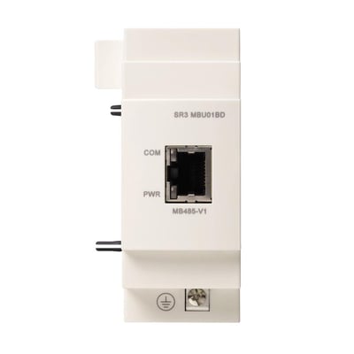 Schneider Electric Modbus kommunikationsmodul SR3 MBU01BD til Zelio Logic, med COM og PWR porte samt jordforbindelse.