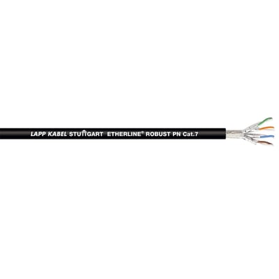 Lapp ETHERLINE ROBUST PN Cat.7 kabel med afskærmning og farvekodede ledere i enden, på hvid baggrund.