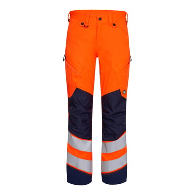 FE Engel safety bukser 2544 i High-Vis kl.2, orange/blå, str. 100, fremstillet af polyester, elastan og bomuld, med reflekser.