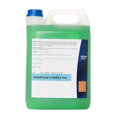 Nilfisk vaske- og plejemiddel uden voks i 5 liters dunk med grønt indhold og blå låg, vist på hvid baggrund.