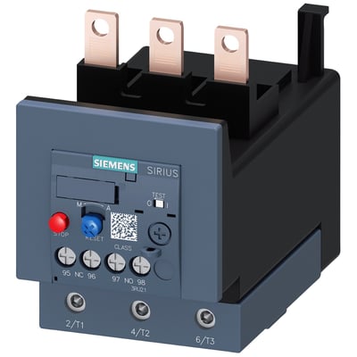 Siemens Sirius termorelæ til motorbeskyttelse med en justerbar strømstyrke på 80-100A og manuel/automatisk reset funktion.