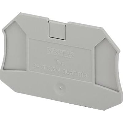 Phoenix Contact D-UT 2,5/4-QUATTRO endeplade i grå plast, designet til 2,5mm² ledere og tre- eller firelederklemmer.