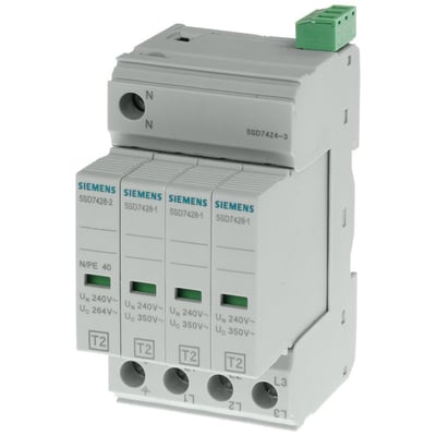 Siemens overspændingsafleder type T2 med 4 moduler, 240V AC, 3+1 kredsløb, grå plast og grønne kontakter på hvid baggrund.