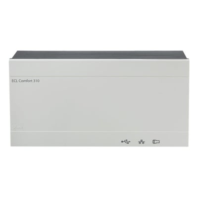 Danfoss ECL Comfort 310B vejrkompensator i hvid plast med sort topkant, viser USB og symboler på fronten.