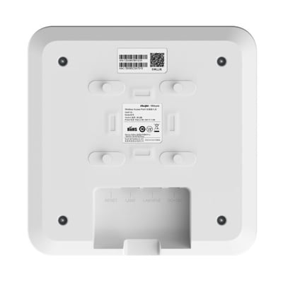 Bagside af Reyee WiFi 6 Cloud access point, viser serienummer, QR-kode og tilslutningsporte som reset, LAN/POE og DC 12V.
