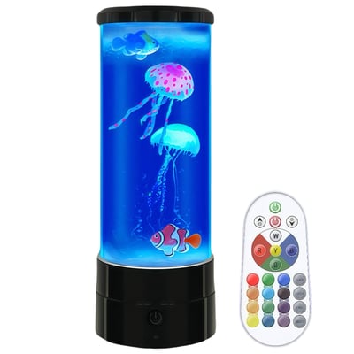 Fiskelampe med farverige vandmænd og en fisk i blåt vand, ved siden af en fjernbetjening med forskellige farvevalg og funktioner.