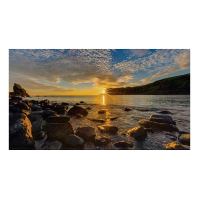 Samsung IF025R sort digital signage-fladskærm med LED og 4K Ultra HD viser en solnedgang over klippekyst og hav.