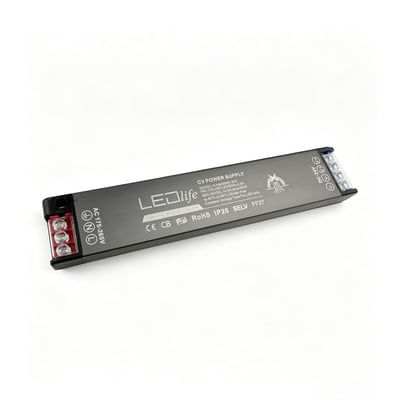 LEDlife strømforsyning på 350 W og 24 V DC med lang, slank grå enhed og tilslutningsklemmer i enderne.