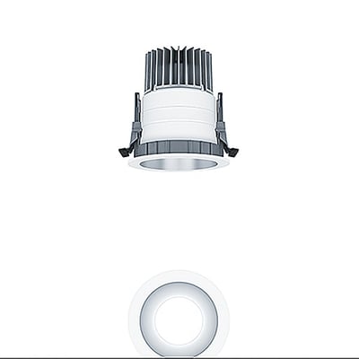 PANOS hvid downlight med 100mm udskæringsmål, 15W effekt og DALI-dæmpning. Med synlig køleribbe og monteringsclips.