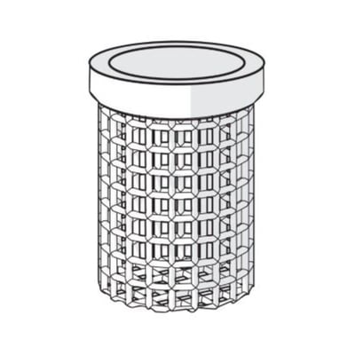 Detaljeret illustration af Oras smudsfilter med cylindrisk form og åbent netmønster, der viser filtrets konstruktion.