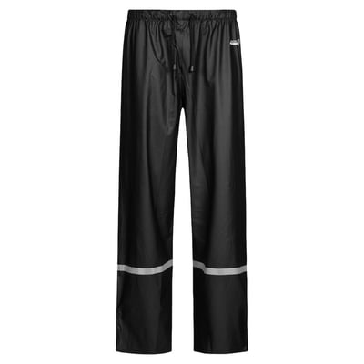 Sorte Lyngsøe Rainwear LR91-regnbukser i størrelse 2XL med elastisk talje, snøre og refleksbånd på benene.