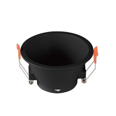 Sort V-TAC downlight til indbygning, lavet af PC plastik, med orange monteringsclips og en diameter på 9,3 cm.