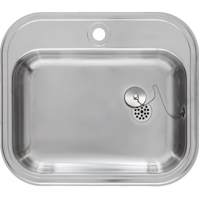 Top view af Juvel Barents BK480B1 køkkenvask i rustfrit stål, der viser kummen, afløb med prop og kæde samt et præget hanehul.