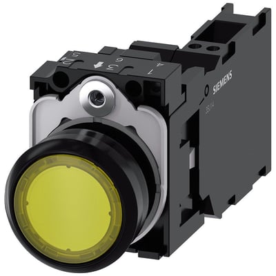 Siemens gul 22mm oplyst trykknap med 1NO/1NC kontakt og integreret LED, vist med monteringsmodul og fjederklemme.