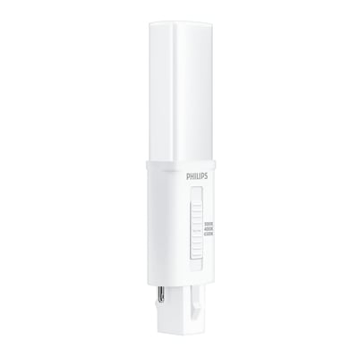 Philips CorePro all-in LED PL-S-rør med hvidt hus, 3,5 W og G23-sokkel; vælgeren viser 3000, 4000 og 6500 K.