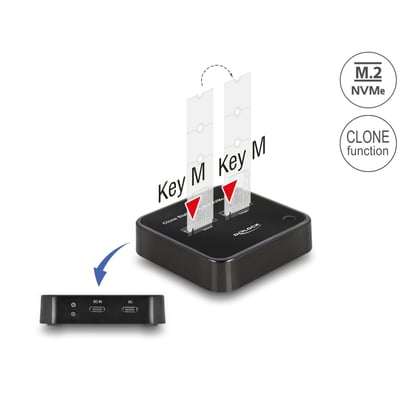 Sort DeLock M.2-dockingstation til to NVMe PCIe SSD'er med kloningsfunktion og illustration af SSD'er i holderne.