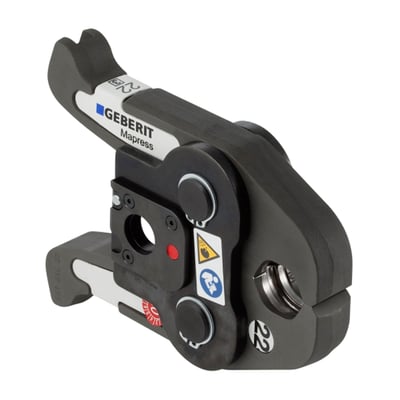 Geberit Mapress presbakke til 15 mm rør i sort og grå, klar til brug på hvid baggrund.