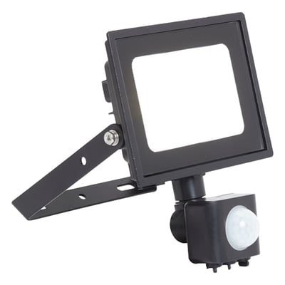 Frontvisning af sort Ansell Lighting Eden LED projektør med integreret PIR-sensor, der viser lyspanelet.