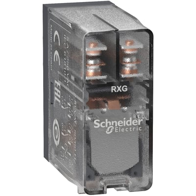 Schneider Electric Harmony RXG stikbensrelæ med 2 C/O kontakter, 5A mærkestrøm og 230 VAC forsyning, med synlig mærkning.
