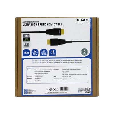 Deltaco ULTRA High Speed HDMI-kabel med 15m længde i sort, viser kabel og emballage med specifikationer.