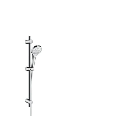 Hansgrohe Myselect S Multi brusesæt i krom og hvid med brusehoved og skinne til justering af højde.