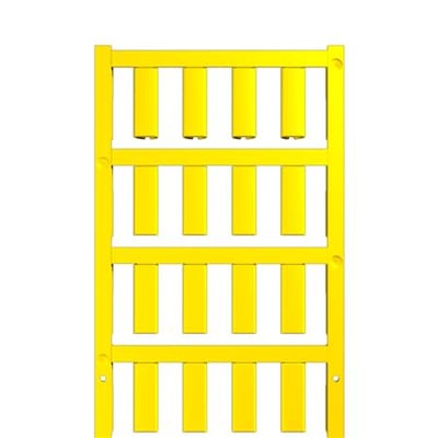 Weidmüller SlimFix ledningsmærke V2 SF 5/21 i gul, vist som en ramme med 12 forbundne mærker på en hvid baggrund.