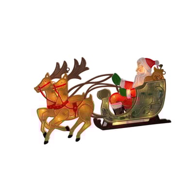 Konstsmide julemand med rensdyr og slæde vinduesdekoration med 20 klare, varme hvide LED-pærer, lavet af plast.