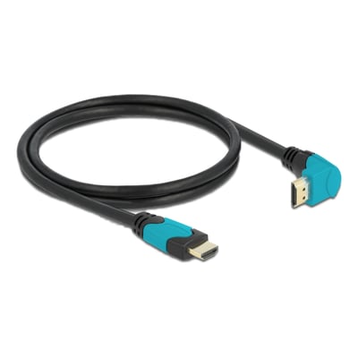 Sort DeLock HDMI 2.1-kabel på 1 meter med turkisblåt, 90° nedadvinklet stik og understøttelse af 8K ved 60 Hz.
