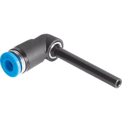 Festo vinkel-stikforbindelse QSL-10HL med push-in sleeve, nominel størrelse 5,6 mm, viser det sorte push/pull design på hvid baggrund.