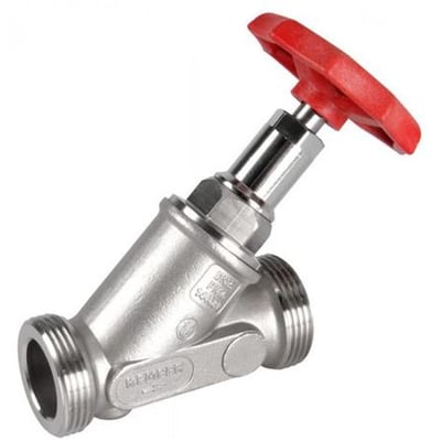 Kemper Niro fristrømsventil i rustfrit stål med rød håndtag og 2" tilslutning. Ventilen har et 2 3/8" udvendigt gevind.