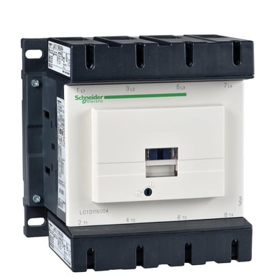 Schneider Electric TeSys D kontaktor 200A, 4P, 230V AC med tydelig mærkning af poler og produktnavn 'LC1D115004' samt logo.