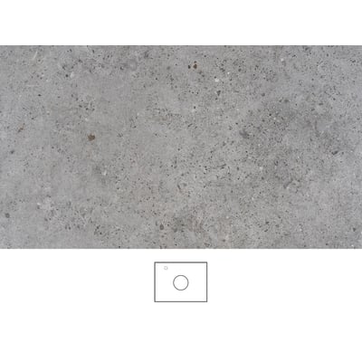Svedbergs Kalk bordplade i grå, 61 × 46 cm, vist med marmoreret overflade og en skitse af armaturhul i venstre side.