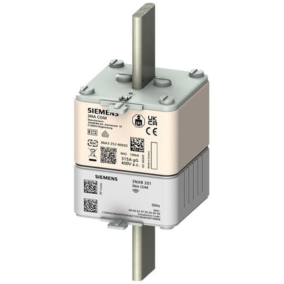 Siemens 3NA COM LV HRC sikringsforbindelse størrelse 2, 125A, 400V gFF med elektronisk kommunikationsmodul, vist på hvid baggrund.