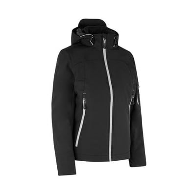 ID Identity vinter softshell jakke til damer i sort, størrelse 2XL, med hvid lynlås og aftagelig hætte.