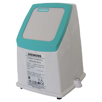 Siemens MAG 6000 flowmåler uden display, IP67-klassificeret med hvid polyamid kapsling og turkis kant.