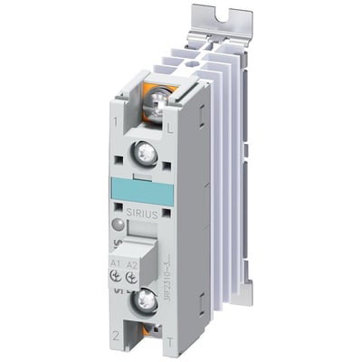 Siemens solid-state kontaktor 3RF2, 1-faset, 10A, 48-600V, 24VDC med ringkabeltilslutning og integreret køleplade.