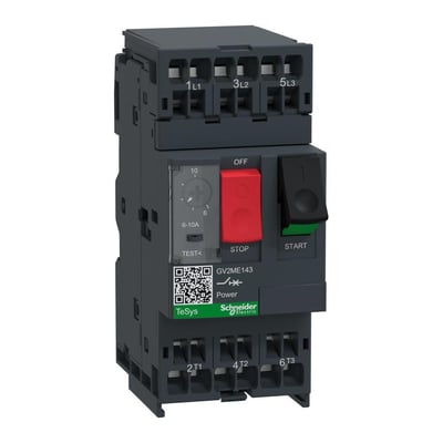 Tæt på Schneider Electric TeSys GV2 motorværn, GV2ME143, der viser den justerbare 6-10A indstilling, testknap og mærkning.