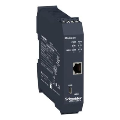 Schneider Electric Modicon MODBUS SL modul med RJ45 port og LED-indikatorer til sikkerhedsapplikationskonfiguration.