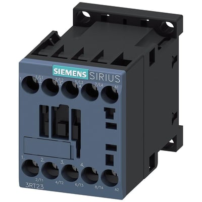 Siemens SIRIUS 3RT23 4-polet kontaktor med 22A strøm og 230V AC spole, vist med skrueterminaler.