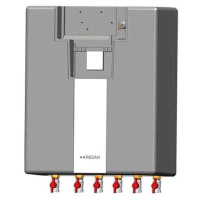 Danfoss Vandvarmer Lux II SE 40 med 53kW brugsvandsydelse, vist fra forsiden med synlige rød-gule ventiler i bunden.