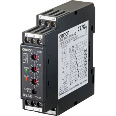 Omron temperaturrelæ K8AK-TH11S med 100-240VAC, viser drejeknapper til temperaturindstilling og LED-indikatorer for status.