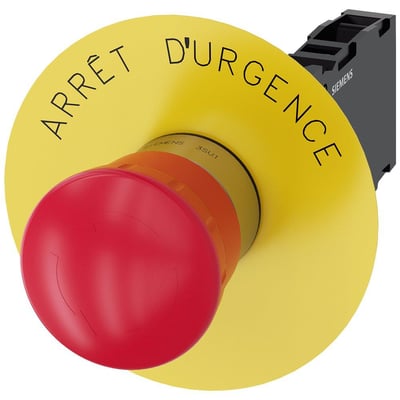 Siemens nødstop med stor rød trykknap, gul bagplade med fransk tekst "Arrêt d'urgence" og 22 mm monteringsdiameter.