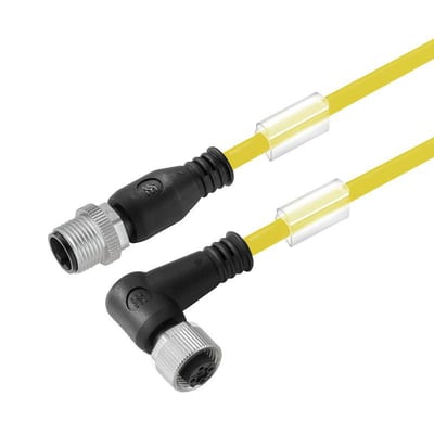 Weidmüller sensor-aktuator kabel på 5 meter med gult kabel, lige og vinklet 90° M12-stik.