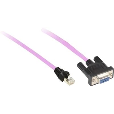 Schneider Electric CANopen kabel, 1 meter, med Sub-D9 hun-stik og RJ45-stik i lilla. Produktet ligger på en hvid baggrund.