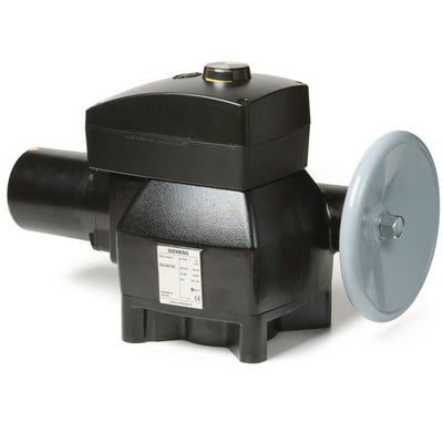 Siemens SQL36E160 aktuator til butterflyventil i sort plast med gråt håndtag og mærkat på hvid baggrund.