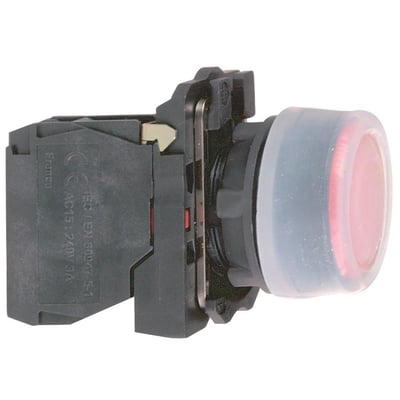 Schneider Electric XB5 trykknap med rød hætte, 1NC kontakt og silikonekappe, 22mm diameter.