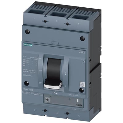 Siemens 3VA2 maksimalafbryder, 3-polet, med betjeningsgreb og tydelig mærkning for 1000A, klar til installation.