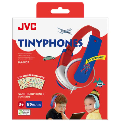 JVC TinyPhones HA-KD7 hovedtelefoner til børn i rød og blå, med sjove klistermærker inkluderet og 85dB lydbegrænser.